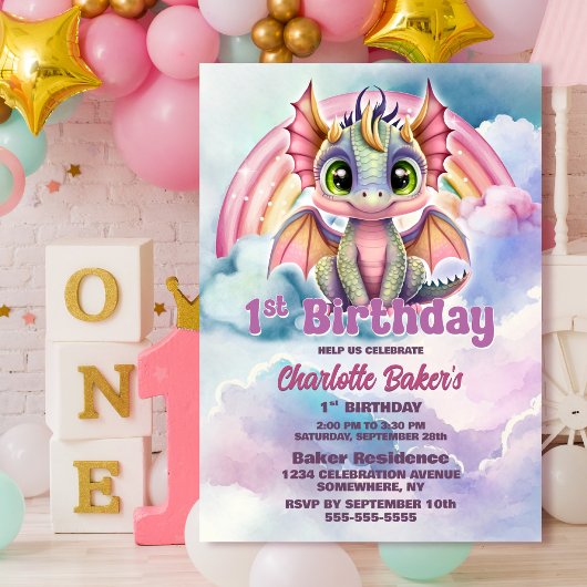 Invitation Cute Pink Dragon 1ère fête d'anniversaire