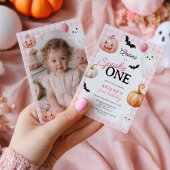 Invitation Cute Pink Gingham Spooky One Photo First Birthday