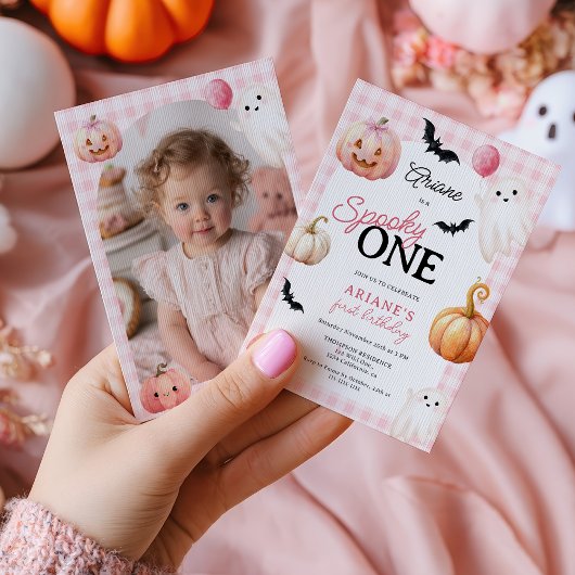Invitation Cute Pink Gingham Spooky One Photo First Birthday