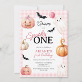 Invitation Cute Pink Gingham Spooky One Photo First Birthday (Devant)