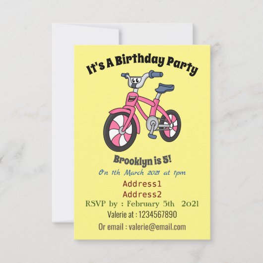 Invitation Cute pink kids bicycle cartoon illustration (Devant)