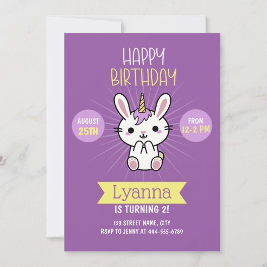 Invitation Cute Pink Purple Kawaii Unicorn 2e anniversaire (Devant)