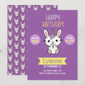 Invitation Cute Pink Purple Kawaii Unicorn 2e anniversaire (Devant / Derrière)