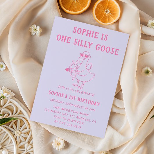 Invitation Cute Pink & Purple Silly Goose 1st Birthday