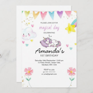 Invitation Cute Pink Purple Unicorn Confetti Birthday Party