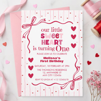 Invitation Cute Pink Red Little Sweetheart First Birthday 