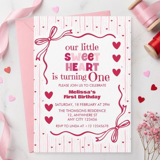 Invitation Cute Pink Red Little Sweetheart First Birthday 
