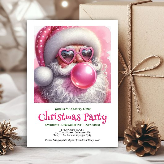 Invitation Cute pink santa bubble gum watercolor Christmas 