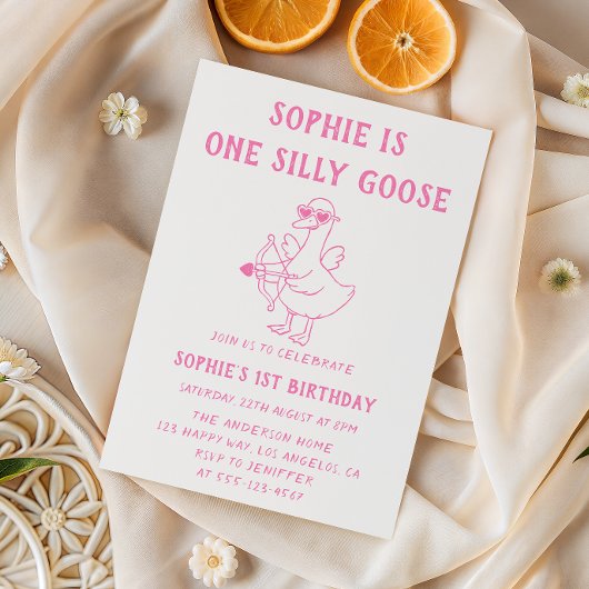 Invitation Cute Pink Silly Goose 1st Birthday