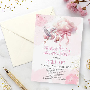 Invitation Cute Pink Stork & Cloud Baby Girl Douche
