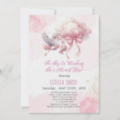 Invitation Cute Pink Stork & Cloud Baby Girl Douche (Devant)