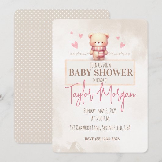 Invitation Cute Pink Teddy Bear Baby Shower (Devant / Derrière)