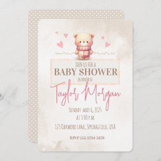 Invitation Cute Pink Teddy Bear Baby Shower