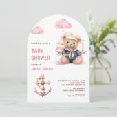 Invitation Cute Pink Teddy Bear Nautical Girl Baby Shower (Debout devant)