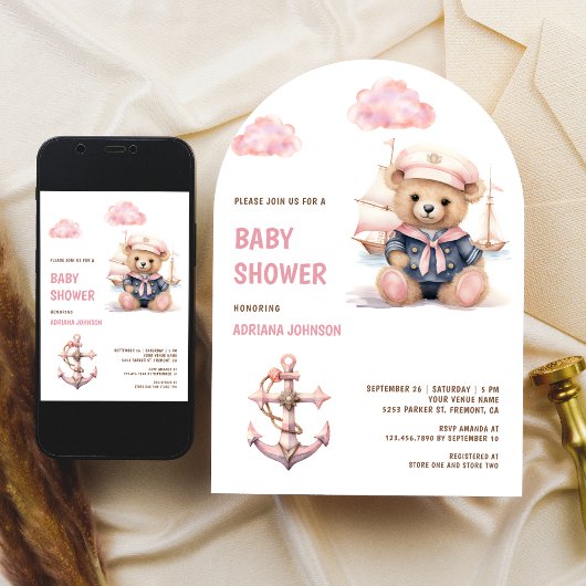 Invitation Cute Pink Teddy Bear Nautical Girl Baby Shower