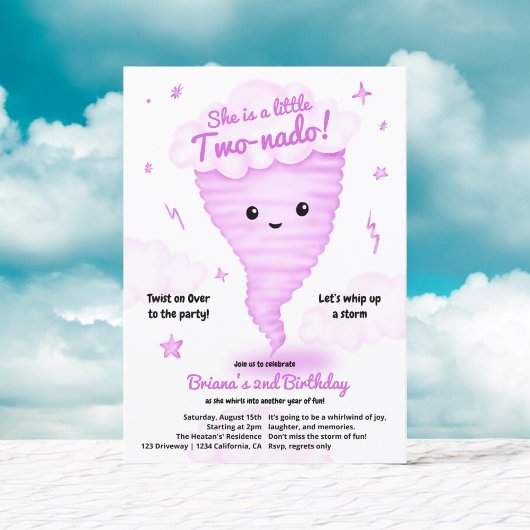 Invitation Cute Pink Tornado Thème 2ème anniversaire Fête des