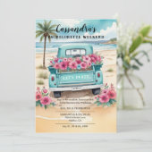 Invitation Cute Pink Turquoise Floral Van Beach Bachelorette (Debout devant)