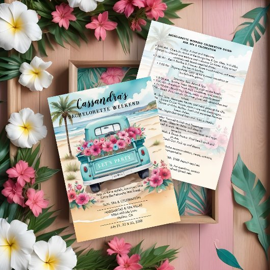 Invitation Cute Pink Turquoise Floral Van Beach Bachelorette