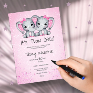 Invitation Cute, Pink Twin Baby Elephants Baby Shower