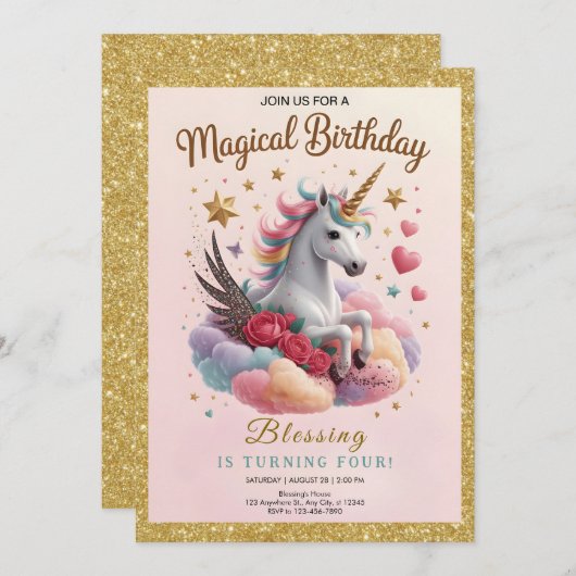 Invitation Cute Pink Unicorn Birthday (Devant / Derrière)