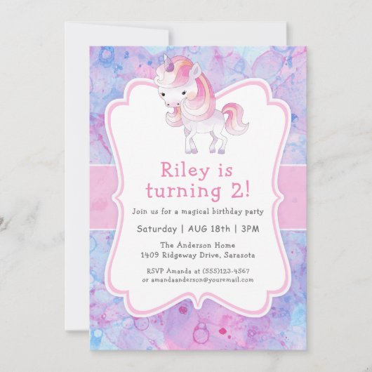Invitation Cute Pink Unicorn Fête d'anniversaire de la fille (Devant)