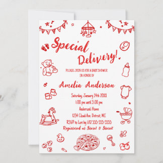 Invitation Cute Pizza Special Delivery Doodle Baby Shower