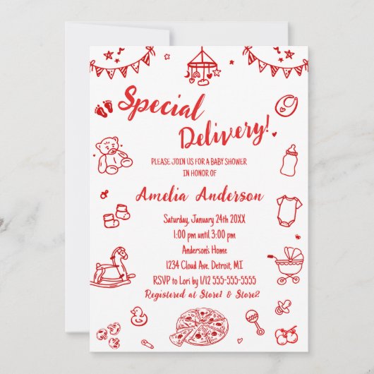 Invitation Cute Pizza Special Delivery Doodle Baby Shower (Devant)