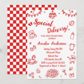 Invitation Cute Pizza Special Delivery Doodle Baby Shower (Devant / Derrière)