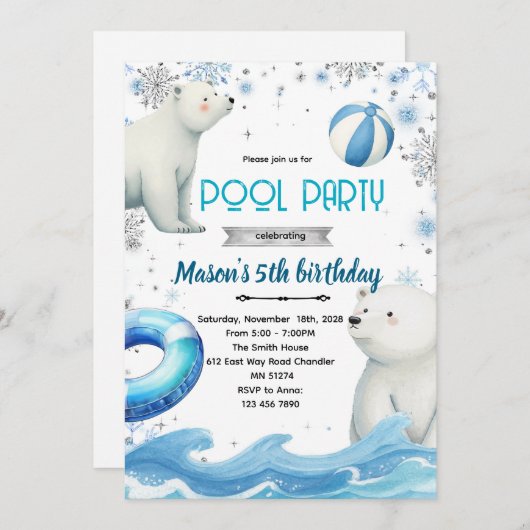 Invitation Cute polar bear winter pool theme invite (Devant / Derrière)