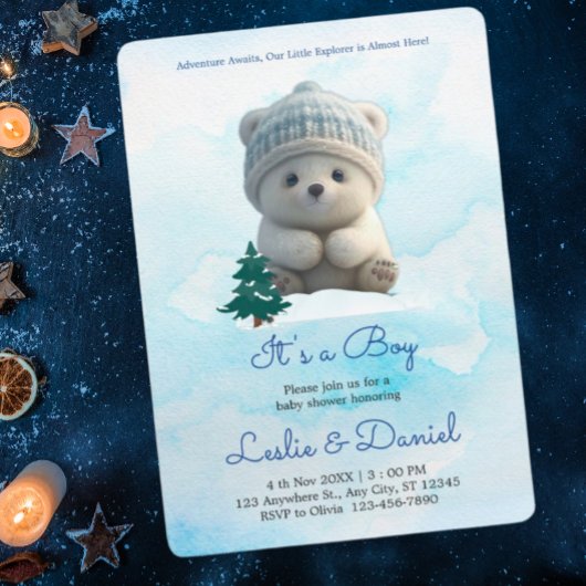 Invitation Cute Polar Ours Bleu Baby shower Son Garçon