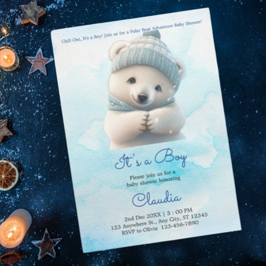 Invitation Cute Polar Ours Hiver Bleu Baby shower Son Garçon