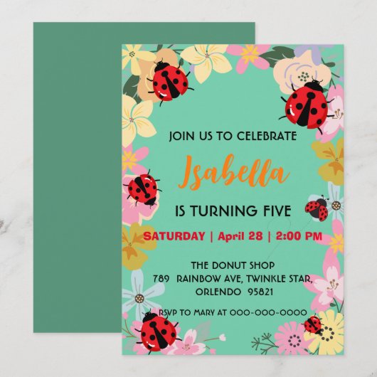 Invitation Cute Polka point Ladybug Daisy Sprin Flower Annive (Devant / Derrière)