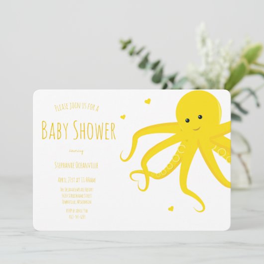 Invitation Cute poulpe Coeur Jaune Baby shower horizontal (Debout devant)