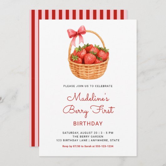 Invitation Cute Preppy Berry First Strawberry Birthday (Devant / Derrière)