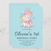 Invitation Cute Princess Unicorn 1er anniversaire (Devant / Derrière)