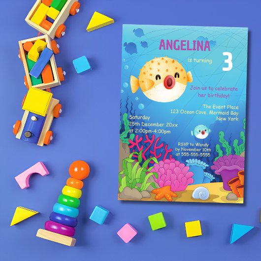 Invitation Cute Puffer Poisson Bleu Océan Anniversaire