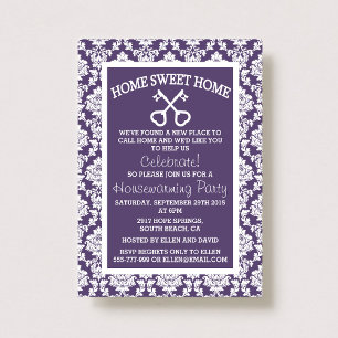 Invitation Cute Purple Damask Home Sweet Home Ménage domestiq