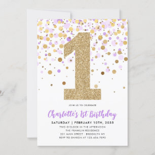 Invitation Cute Purple Gold Parties scintillant Confetti 1er 