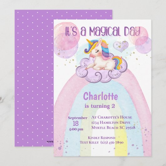 Invitation Cute Purple Unicorn 2e Anniversaire Rainbow (Devant / Derrière)