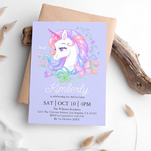 Invitation Cute Purple Unicorn Tous les âges Anniversaire de 