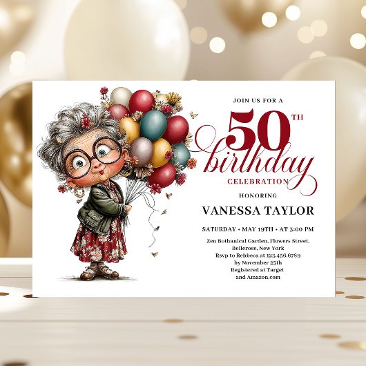 Invitation Cute quirky lady turning 50 humorous birthday card