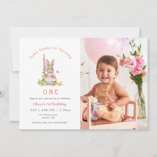 Invitation Cute Rabbit Pink Baby Girl 1st birthday Photo (Devant)