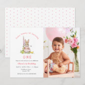 Invitation Cute Rabbit Pink Baby Girl 1st birthday Photo (Devant / Derrière)