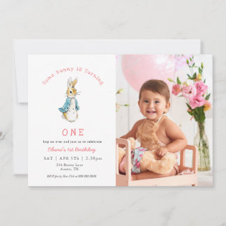 Invitation Cute Rabbit Pink Baby Girl 1st birthday Photo