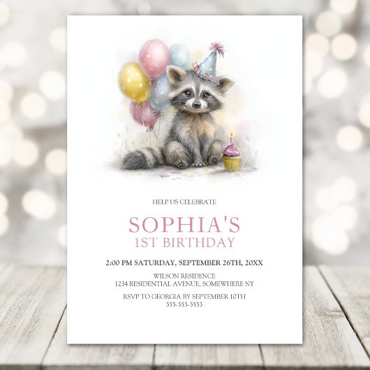 Invitation Cute Raccoon 1st Birthday Party