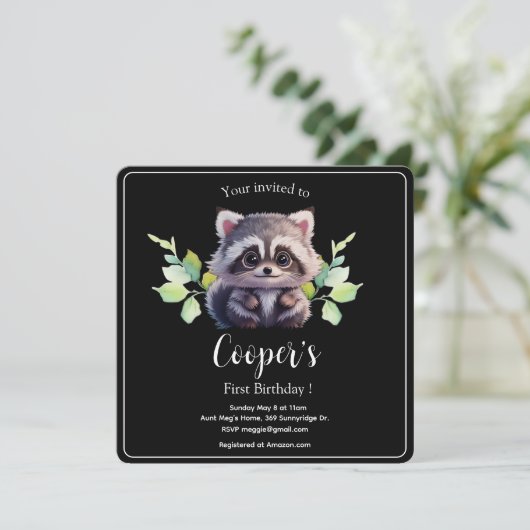 Invitation Cute raccoon animaux de forêt amis de forêt (Debout devant)