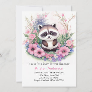Invitation Cute Raccoon Aquarelle rose Baby shower fille