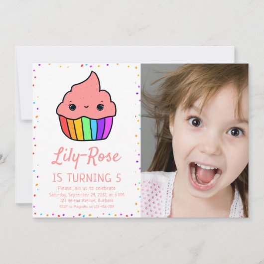 Invitation Cute Rainbow Cupcake Photo 5Anniversaire (Devant)