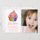 Invitation Cute Rainbow Cupcake Photo 5Anniversaire (Devant / Derrière)