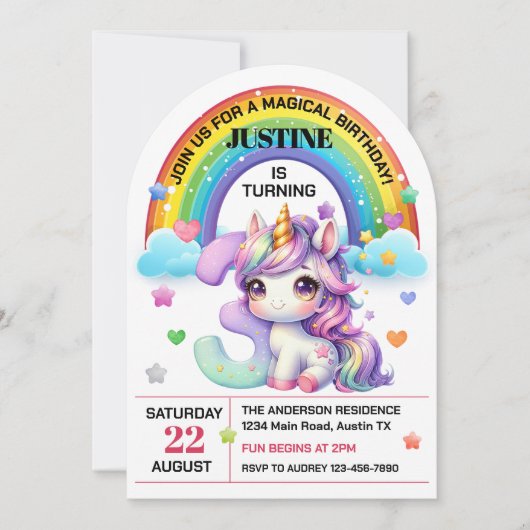Invitation Cute Rainbow et Unicorn 3ème anniversaire (Devant)